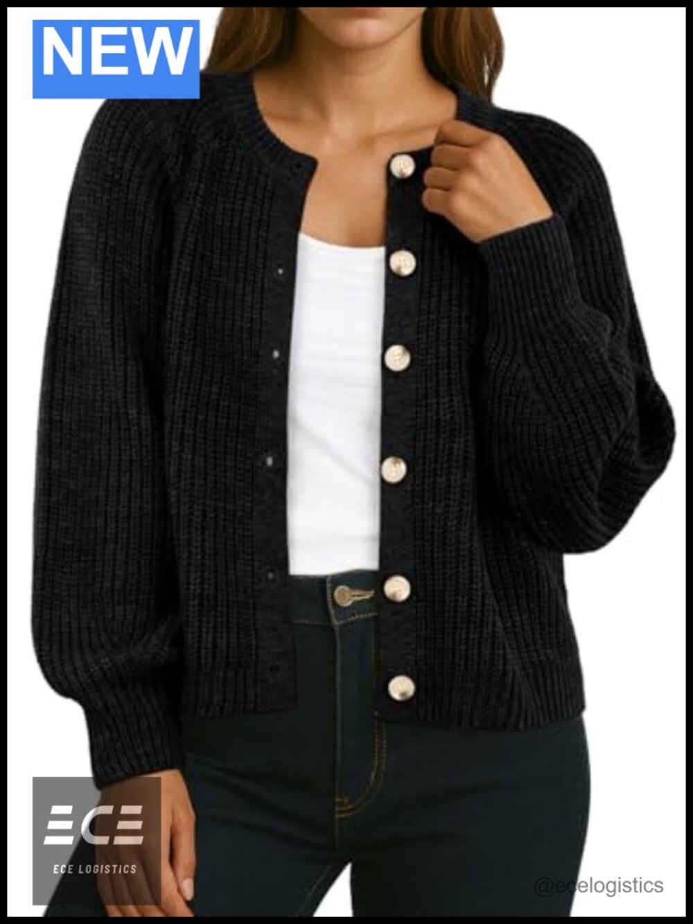 Chunky Knit Button Front Cardigan Sweater Lantern Sleeve